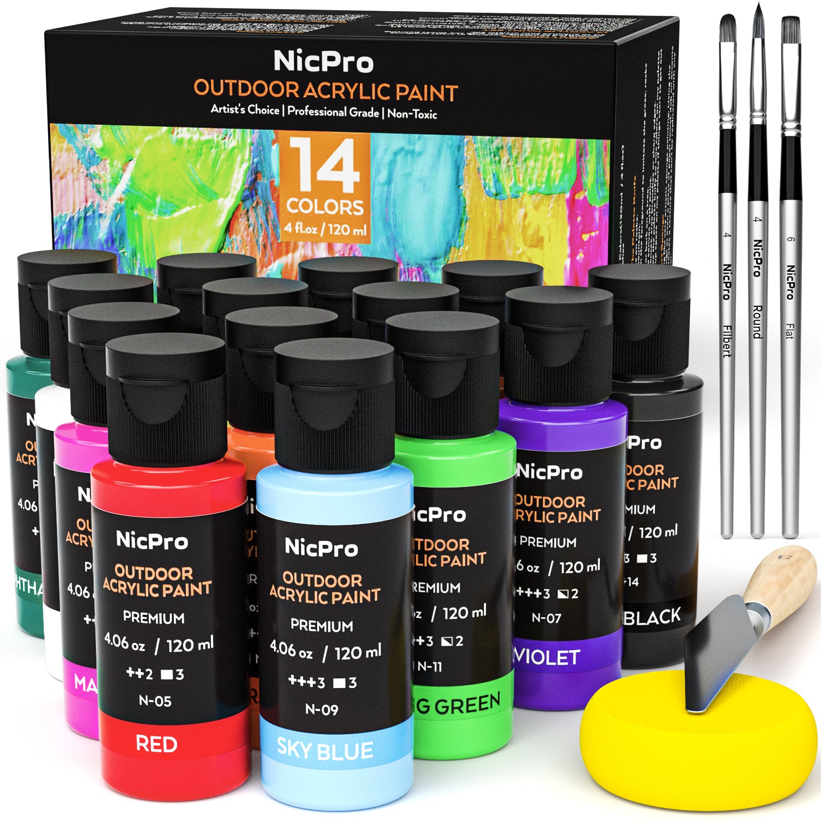 Nicpro 14 Colors Outdoor Acrylic Paint Bulk (4.06 oz,120ml) with Brush and Sponge, Knife, Non-Toxic Gloss Paint for Multi-surface Rock, Wood, Fabric, Leather, Crafts, Canvas, Shoes and Wall Painting