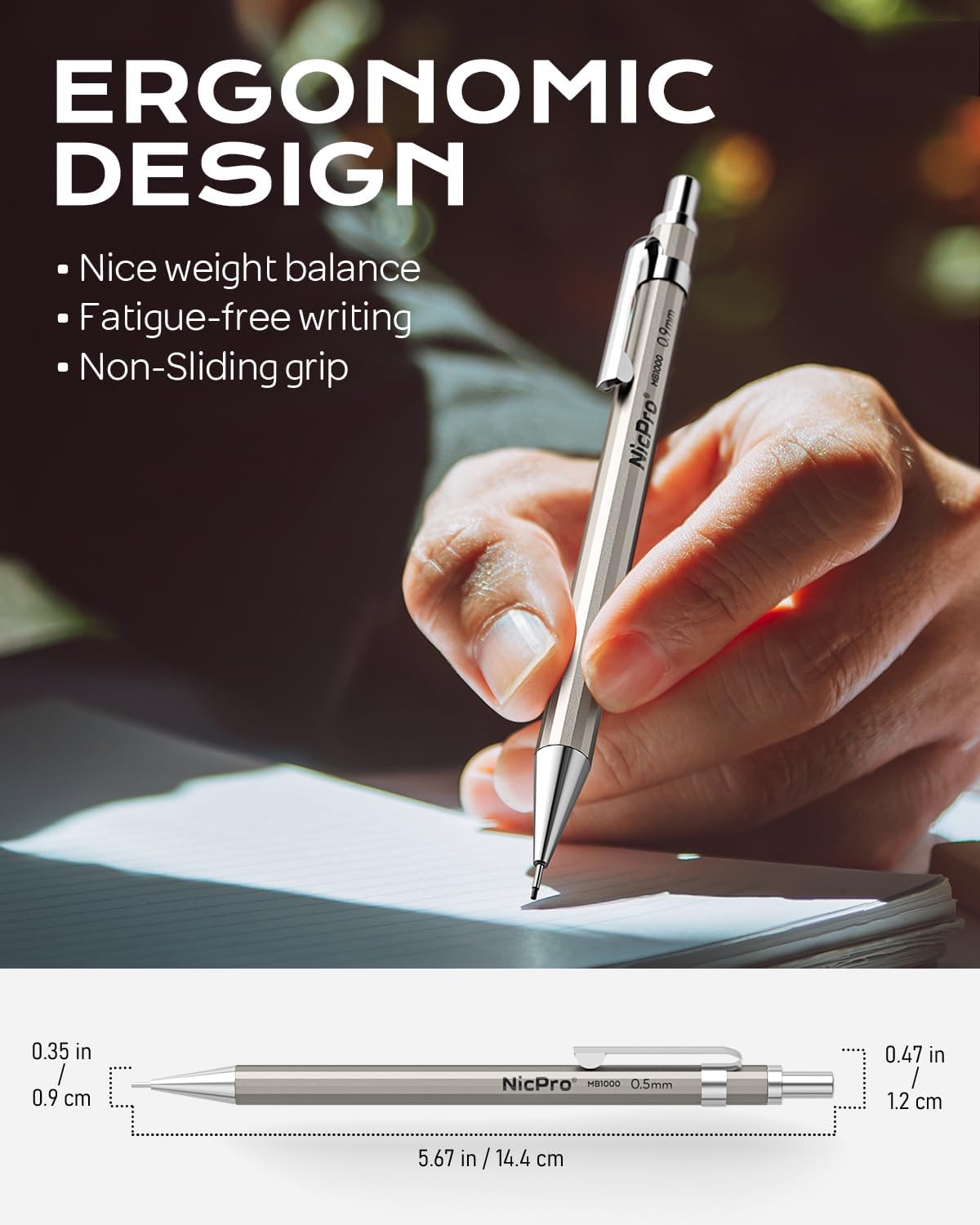 Metal 0.9 mm Mechanical Pencil Set with Case, 2 PCS Nicpro Drafting Pencil with Lead Refill & Erasers for Artist Writing, Drawing Sketching