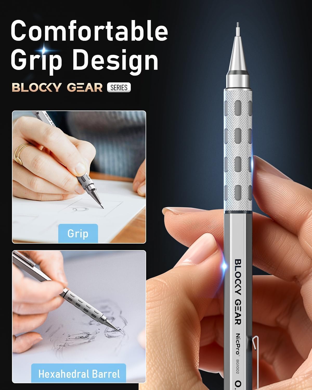 Nicpro 3 Pack Blocky Gear 0.5 mm Metal Mechanical Pencils Set with Case, Lead Drafting Pencil with 8 Tube (480PCS) Lead Refills(HB 2B), 4 Erasers, 18 Eraser Refills for Art Writing, Sketching Drawing