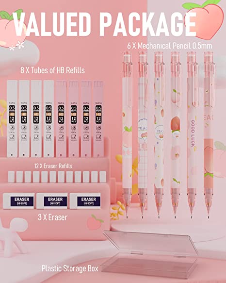 Nicpro 6PCS Mechanical Pencil Set for Girl, Cute Mechanical Pencils 0.5mm with 8 Tube HB Lead Refill, 3PCS Eraser and 12PCS Eraser Refill for Student Writing Drafing, Drawing, Sketching-with Cute Case