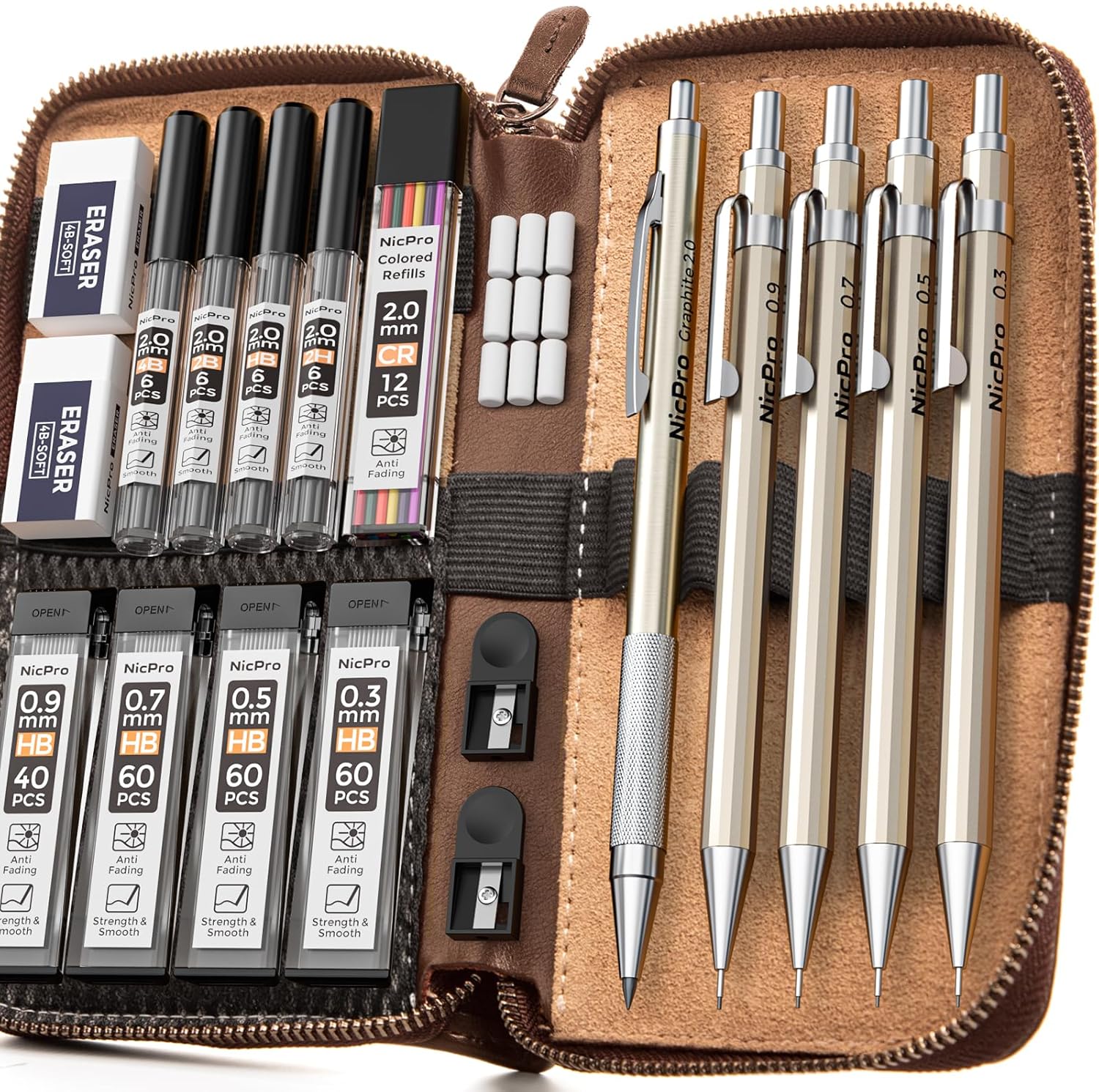 Nicpro 20PCS Black Metal Mechanical Pencil Set in Leather Case, 0.3, 0