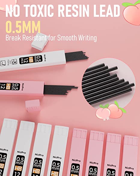 Nicpro 6PCS Mechanical Pencil Set for Girl, Cute Mechanical Pencils 0.5mm with 8 Tube HB Lead Refill, 3PCS Eraser and 12PCS Eraser Refill for Student Writing Drafing, Drawing, Sketching-with Cute Case