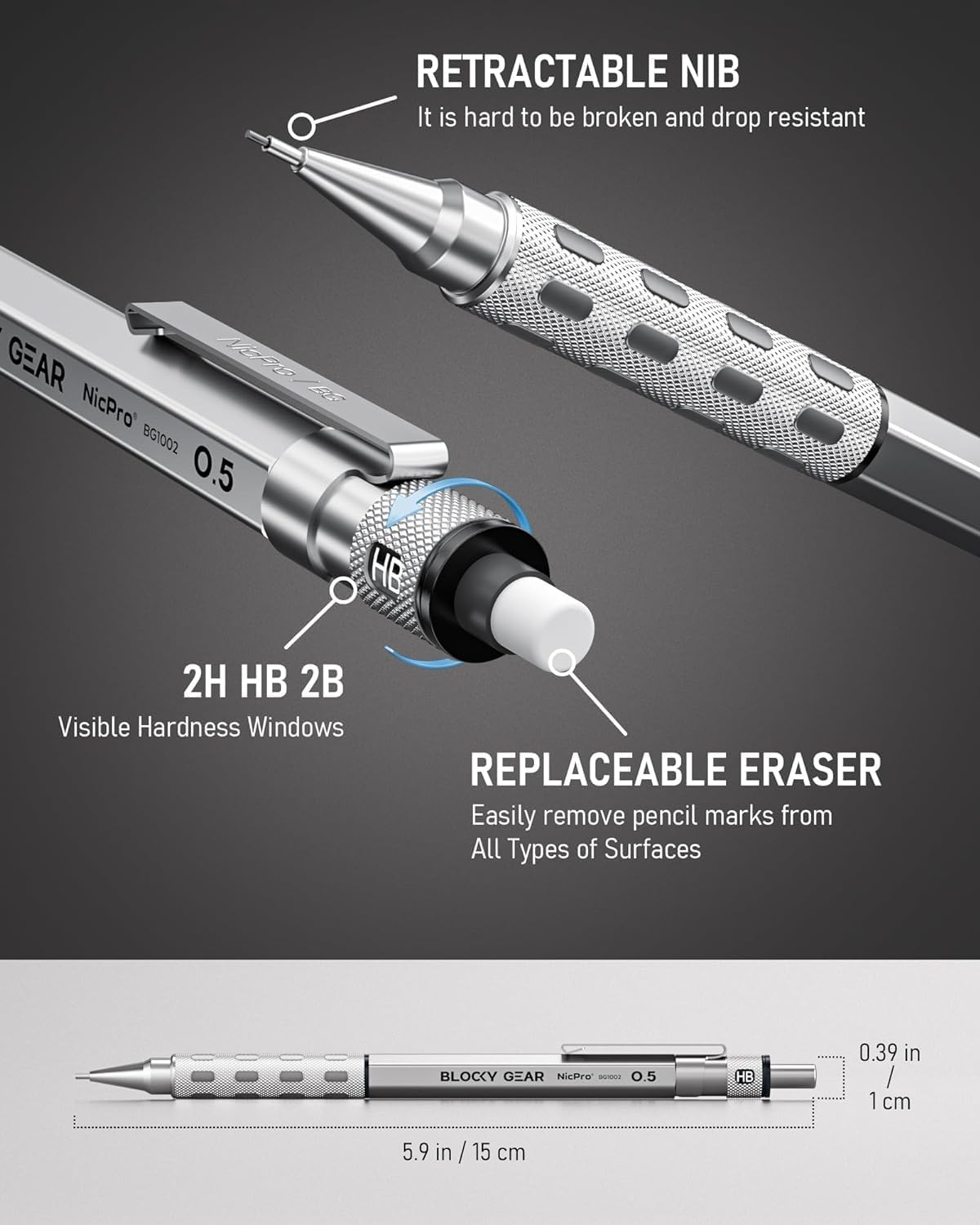 Nicpro 3 Pack Blocky Gear 0.5 mm Metal Mechanical Pencils Set with Case, Lead Drafting Pencil with 8 Tube (480PCS) Lead Refills(HB 2B), 4 Erasers, 18 Eraser Refills for Art Writing, Sketching Drawing