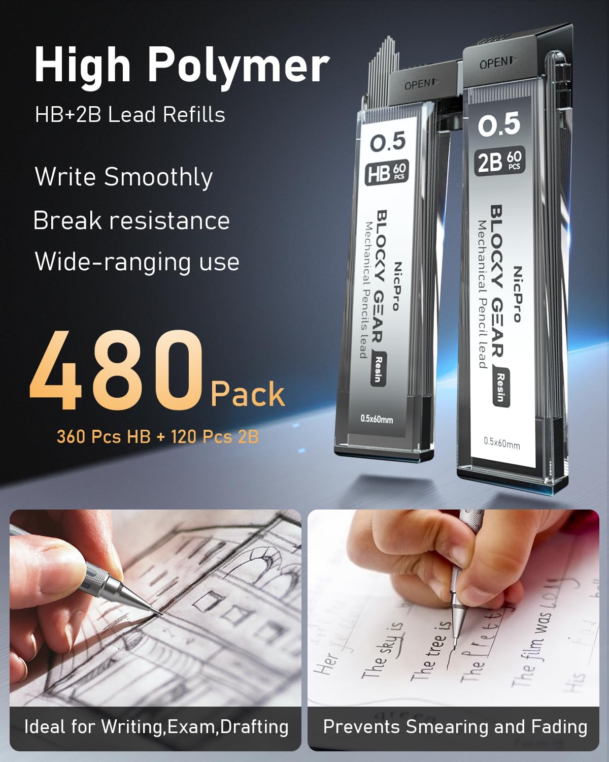 Nicpro 3 Pack Blocky Gear 0.5 mm Metal Mechanical Pencils Set with Case, Lead Drafting Pencil with 8 Tube (480PCS) Lead Refills(HB 2B), 4 Erasers, 18 Eraser Refills for Art Writing, Sketching Drawing