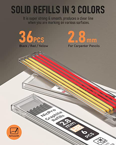 Nicpro 5PCS Mechanical Carpenter Pencils with Sharpener, 36 Pcs 2.8mm Refills Replacement, Deep Hole Woodworking Marker Construction Pencils Heavy Duty Woodworking Pencils for Architect