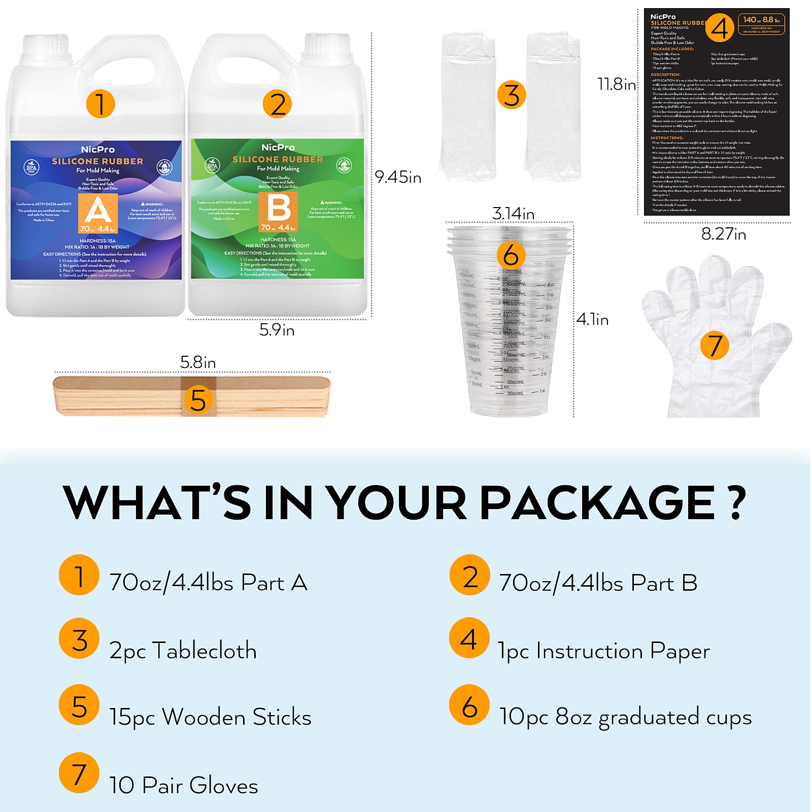 Nicpro Silicone Mold Making Kit 15A, 8.8lbs (140oz) Translucent 3D Silicone Rubber Mold Making,Strong and Food Safe for Casting Resin, Soap, Candle, Clay, DIY Silicone Molds with Gloves, Sticks & Cups