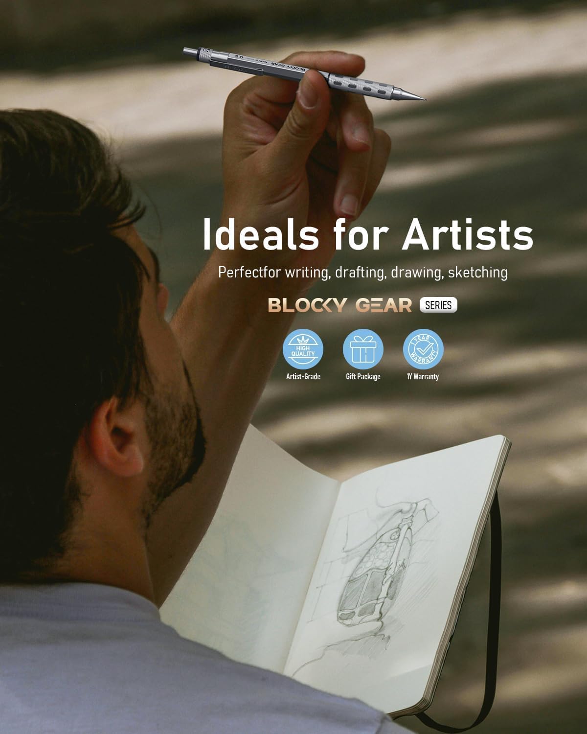 Nicpro 3 Pack Blocky Gear 0.5 mm Metal Mechanical Pencils Set with Case, Lead Drafting Pencil with 8 Tube (480PCS) Lead Refills(HB 2B), 4 Erasers, 18 Eraser Refills for Art Writing, Sketching Drawing