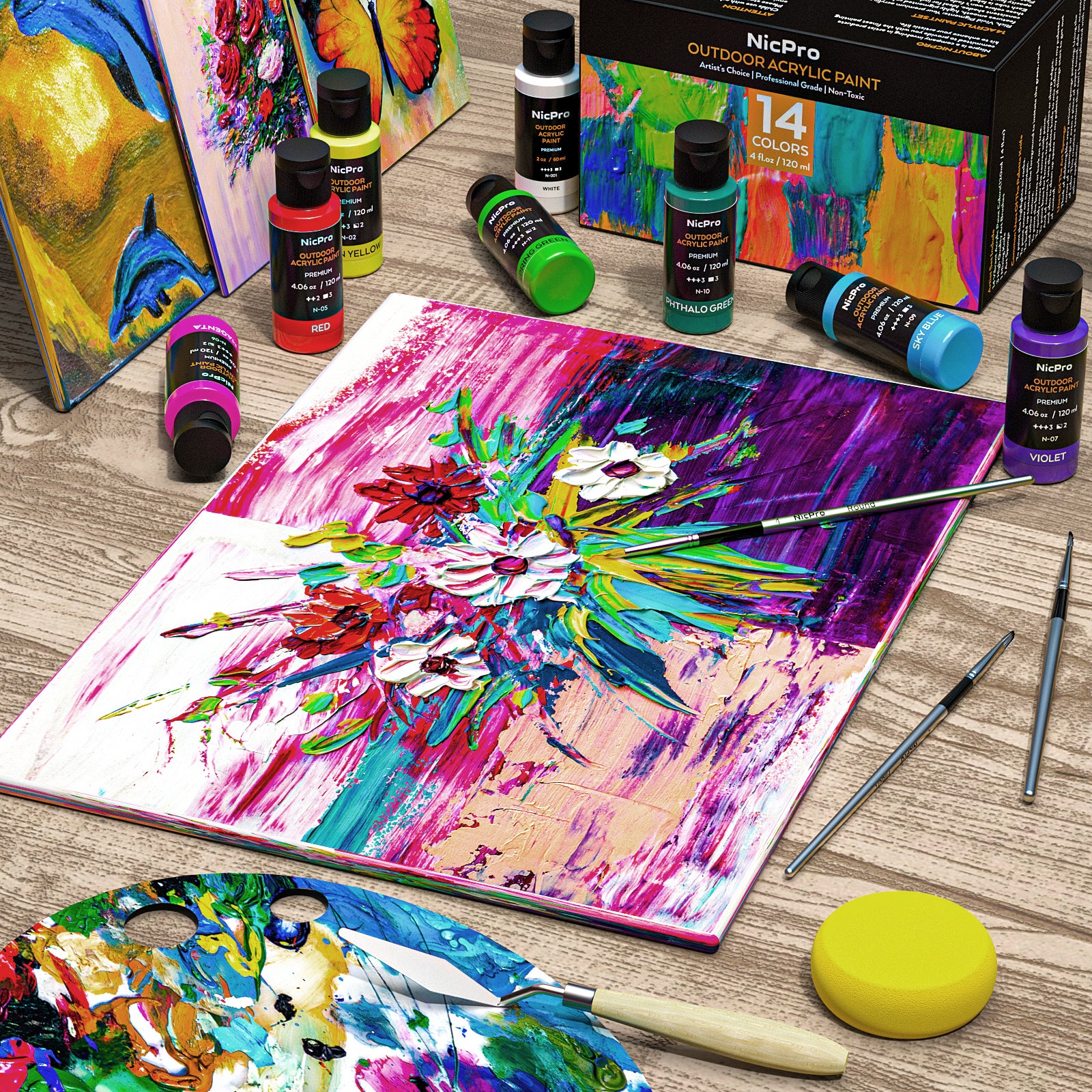 Nicpro 14 Colors Outdoor Acrylic Paint Bulk (4.06 oz,120ml) with Brush and Sponge, Knife, Non-Toxic Gloss Paint for Multi-surface Rock, Wood, Fabric, Leather, Crafts, Canvas, Shoes and Wall Painting