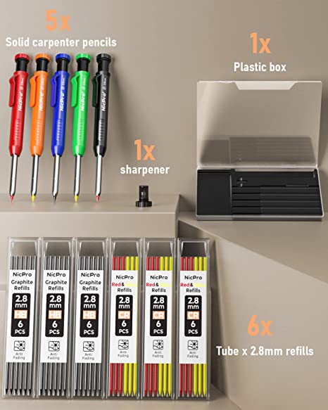 Nicpro 5PCS Mechanical Carpenter Pencils with Sharpener, 36 Pcs 2.8mm Refills Replacement, Deep Hole Woodworking Marker Construction Pencils Heavy Duty Woodworking Pencils for Architect