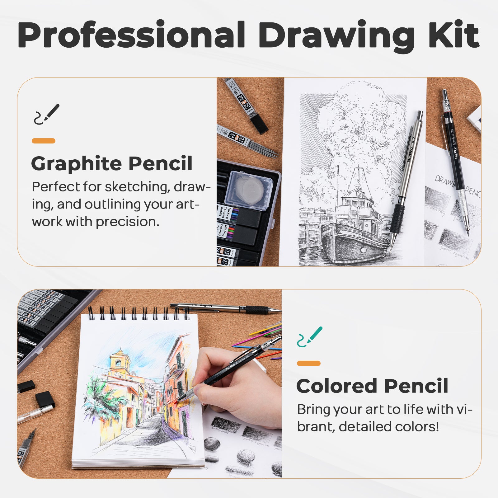 Nicpro 37PCS Art Drawing Supplies Kit, Metal Mechanical Pencil Set 0.5, 0.7, 0.9 & 2mm, 100 Sheets 9x12 Sketch book, 288PCS Leads, School Supplies Drawing Kit for Artist Adults Teens Kids Sketching