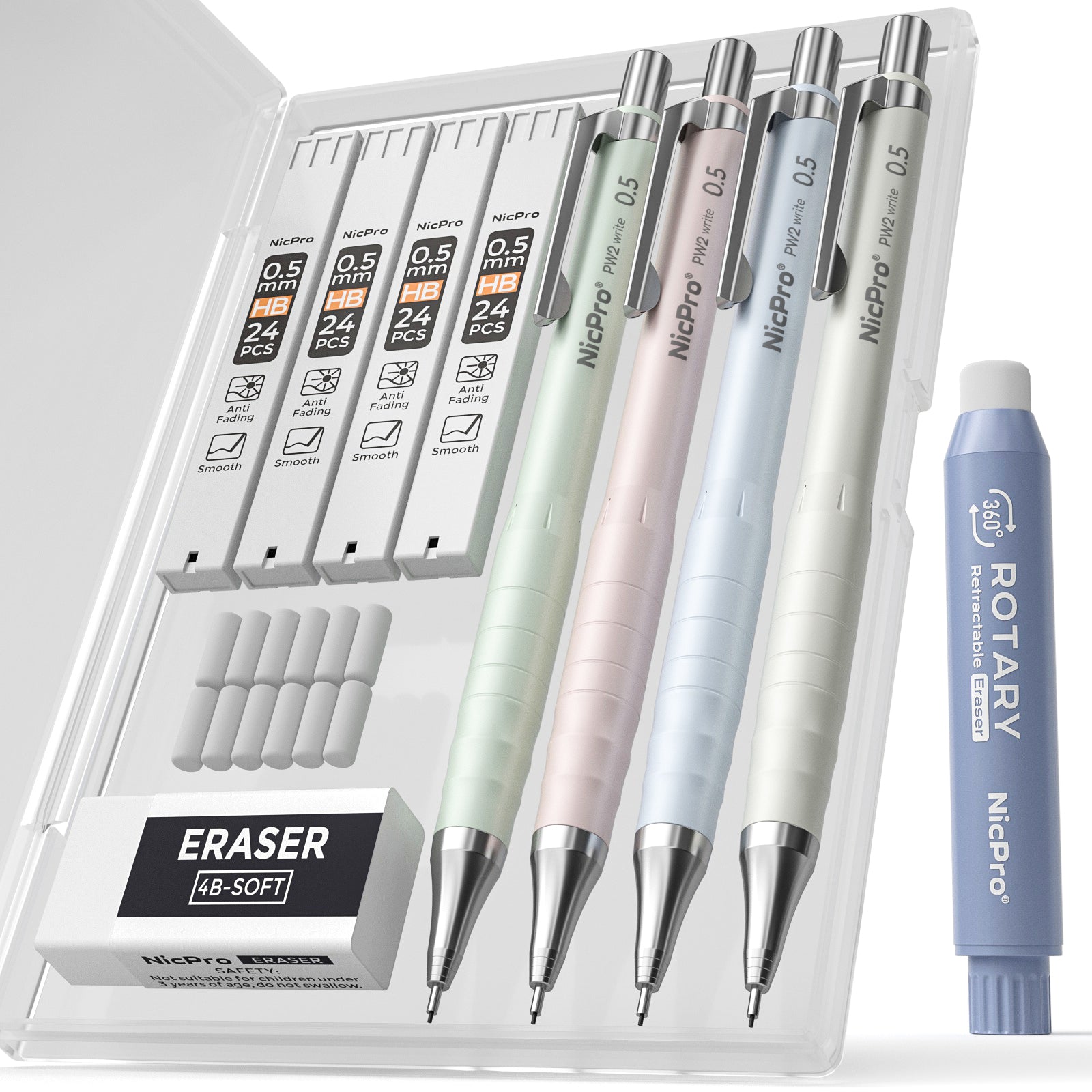Nicpro Cute Mechanical Pencil Set, 4PCS 0.5mm Pastel Drafting Pencils with 4 Tube HB Lead Refills, 4B Erasers, Rotary Retractable Eraser and Eraser Refill for Writing Sketching Back to School Supplies