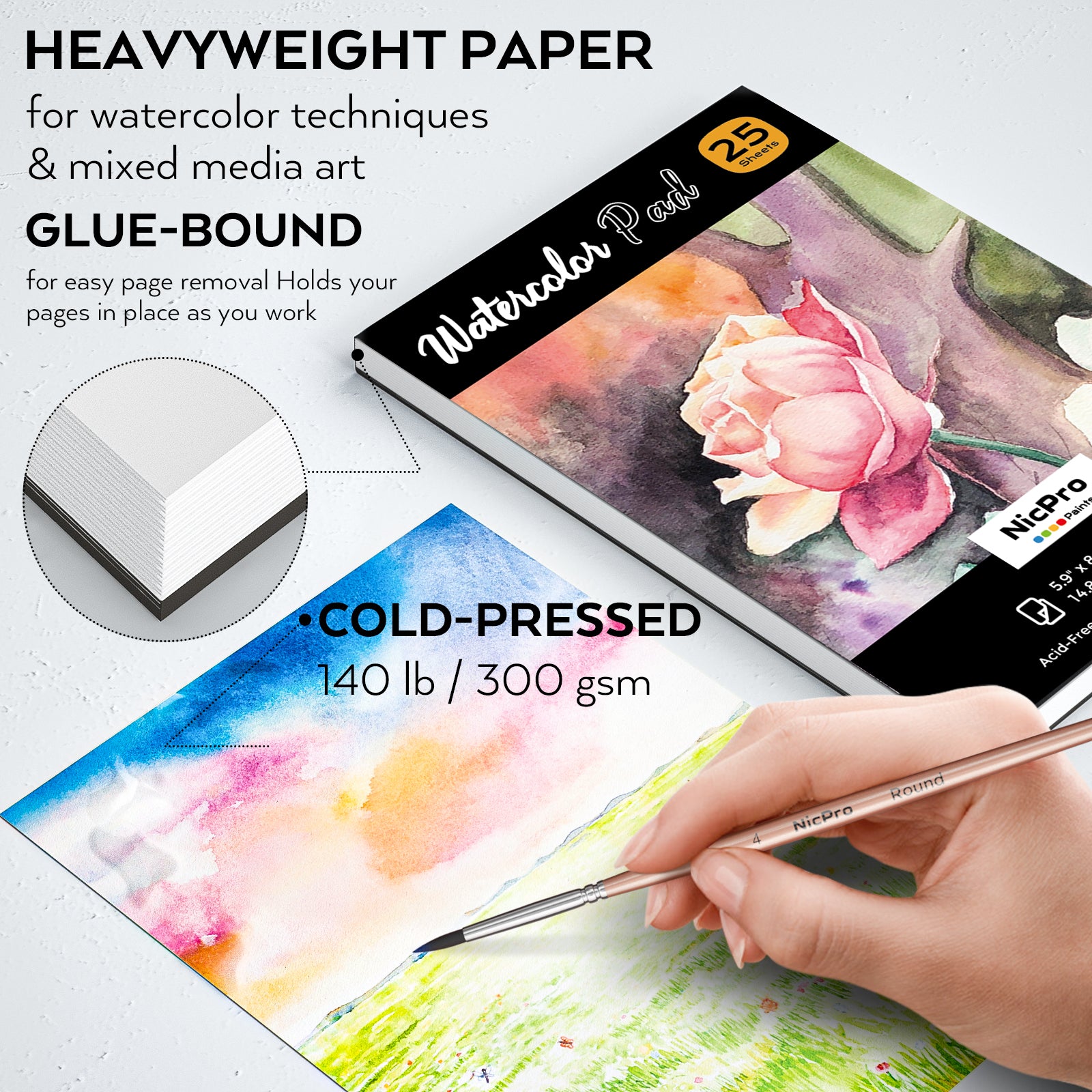 Nicpro Watercolor Paint Set, 48 Water Colors Kit with 8 Squirrel Brushes, Palette, Watercolor Pen, 25 Art Pad Paper, 2 Art Sponges, Non-Toxic Painting Supplies for Kids, Adults, Beginners, Artists