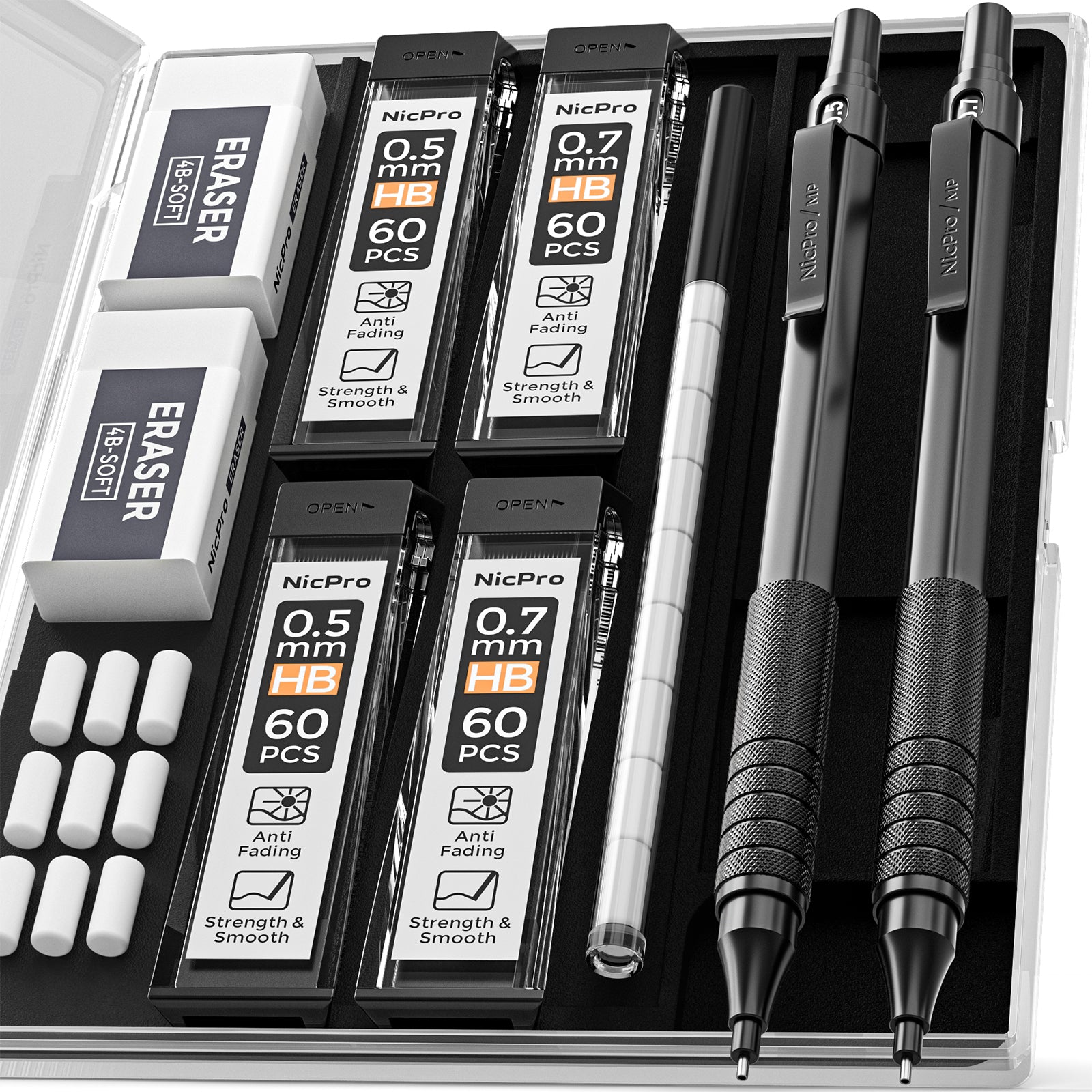 Nicpro Black Mechanical Pencils 0.5mm & 0.7 mm, Metal Lead Pencil Set with 4 Tubes HB Lead Refill And 2 Erasers For Writing Drafting, Drawing, Sketch -Come With Case