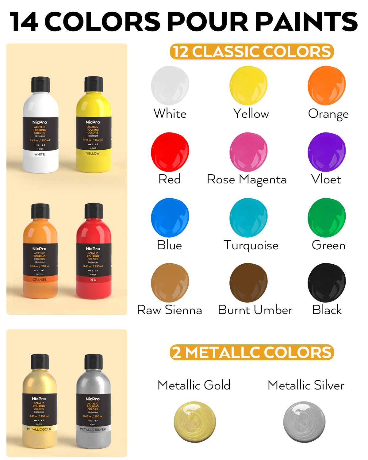 Nicpro 14 Colors 8.45oz Acrylic Pour Paint Supplies Kit, Large Volume Premixed High Flow Painting Bulk Set with Canvas, Wood Natural Slices, Pouring Oil, Tools Gloves, Strainer, Cups for Beginner DIY