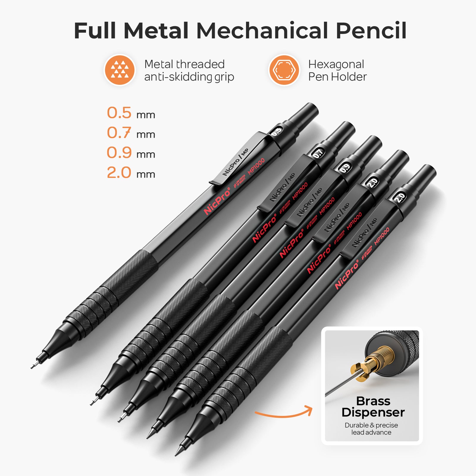 Nicpro 5 PCS Art Mechanical Pencil Set with Case, 3 PCS Metal Drafting Pencils 0.5, 0.7, 0.9 mm & 2PCS 2mm Graphite Lead Holder(4B 2B HB 2H), Lead Refills, Erasers for Drawing Writing Sketching, Black