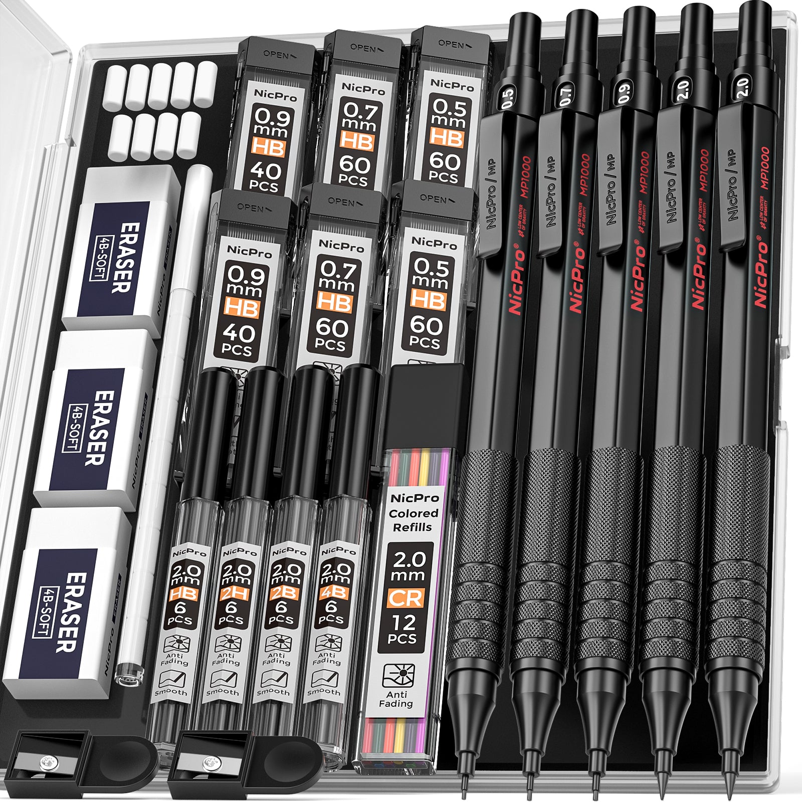 Nicpro 5 PCS Art Mechanical Pencil Set with Case, 3 PCS Metal Drafting Pencils 0.5, 0.7, 0.9 mm & 2PCS 2mm Graphite Lead Holder(4B 2B HB 2H), Lead Refills, Erasers for Drawing Writing Sketching, Black