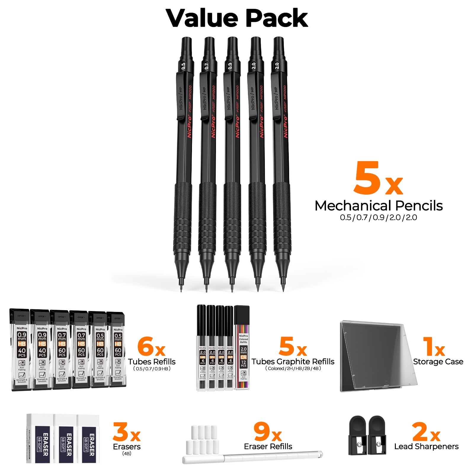 Nicpro 5 PCS Art Mechanical Pencil Set with Case, 3 PCS Metal Drafting Pencils 0.5, 0.7, 0.9 mm & 2PCS 2mm Graphite Lead Holder(4B 2B HB 2H), Lead Refills, Erasers for Drawing Writing Sketching, Black