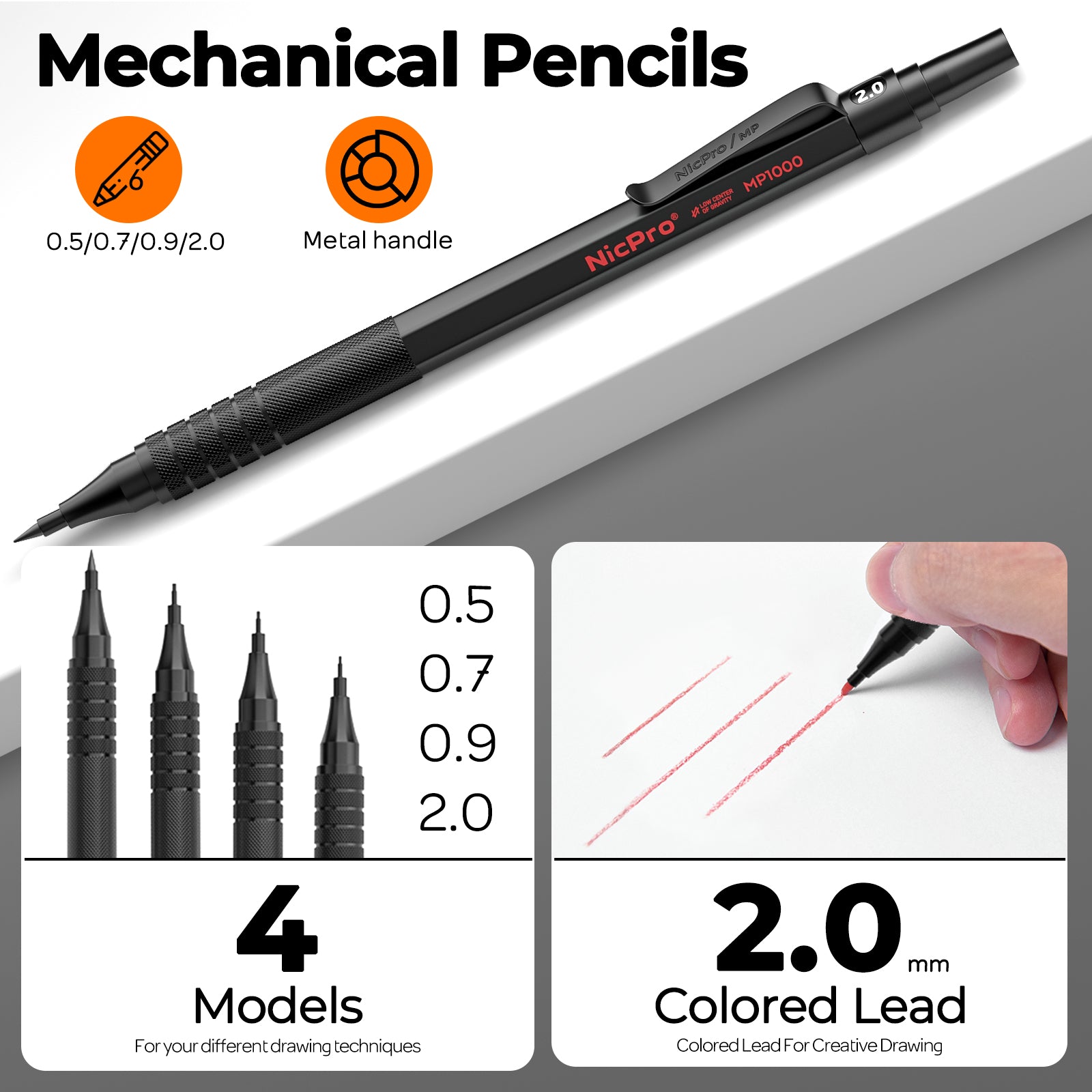 Nicpro 5 PCS Art Mechanical Pencil Set with Case, 3 PCS Metal Drafting Pencils 0.5, 0.7, 0.9 mm & 2PCS 2mm Graphite Lead Holder(4B 2B HB 2H), Lead Refills, Erasers for Drawing Writing Sketching, Black