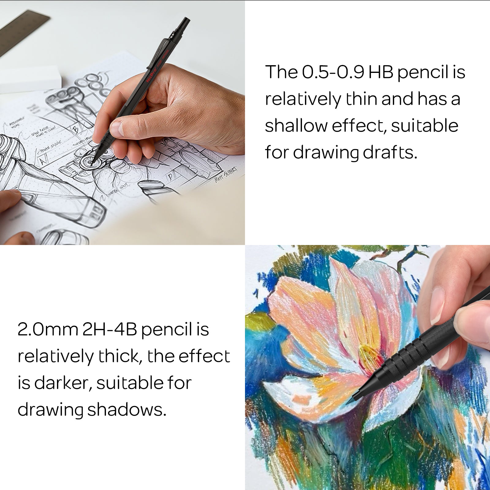 Nicpro 5 PCS Art Mechanical Pencil Set with Case, 3 PCS Metal Drafting Pencils 0.5, 0.7, 0.9 mm & 2PCS 2mm Graphite Lead Holder(4B 2B HB 2H), Lead Refills, Erasers for Drawing Writing Sketching, Black