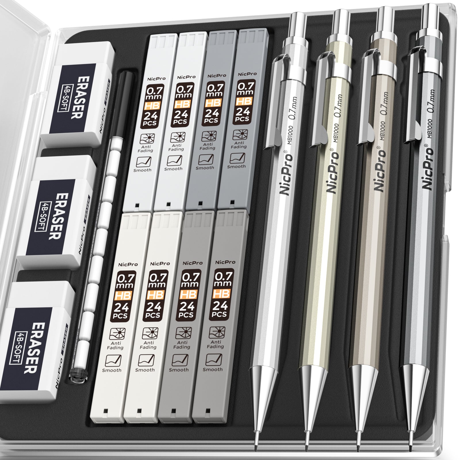 Nicpro 4PCS 0.7 mm Metal Mechanical Pencils Set, Lead Drafting Pencil for Artist Writing, Sketching, Drawing, with 8 Tubes HB Lead Refills & 3PCS 4B Erasers, 9PCS Erasers Refills | Come with Case