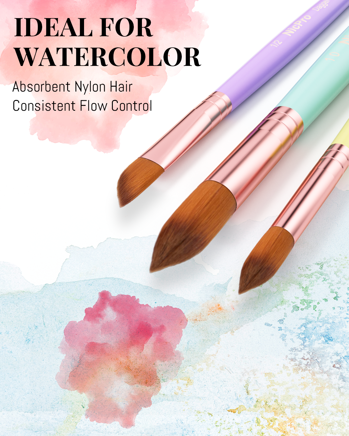 Nicpro 10PCS Pastel Watercolor Brushes Set, Professional Water Color Paint Brush, Pointed Round, Cat Tongue, Liner, Dagger, Wash for Adult, Beginers, Watercolor, Inks, Gouache - with Holder & Bag
