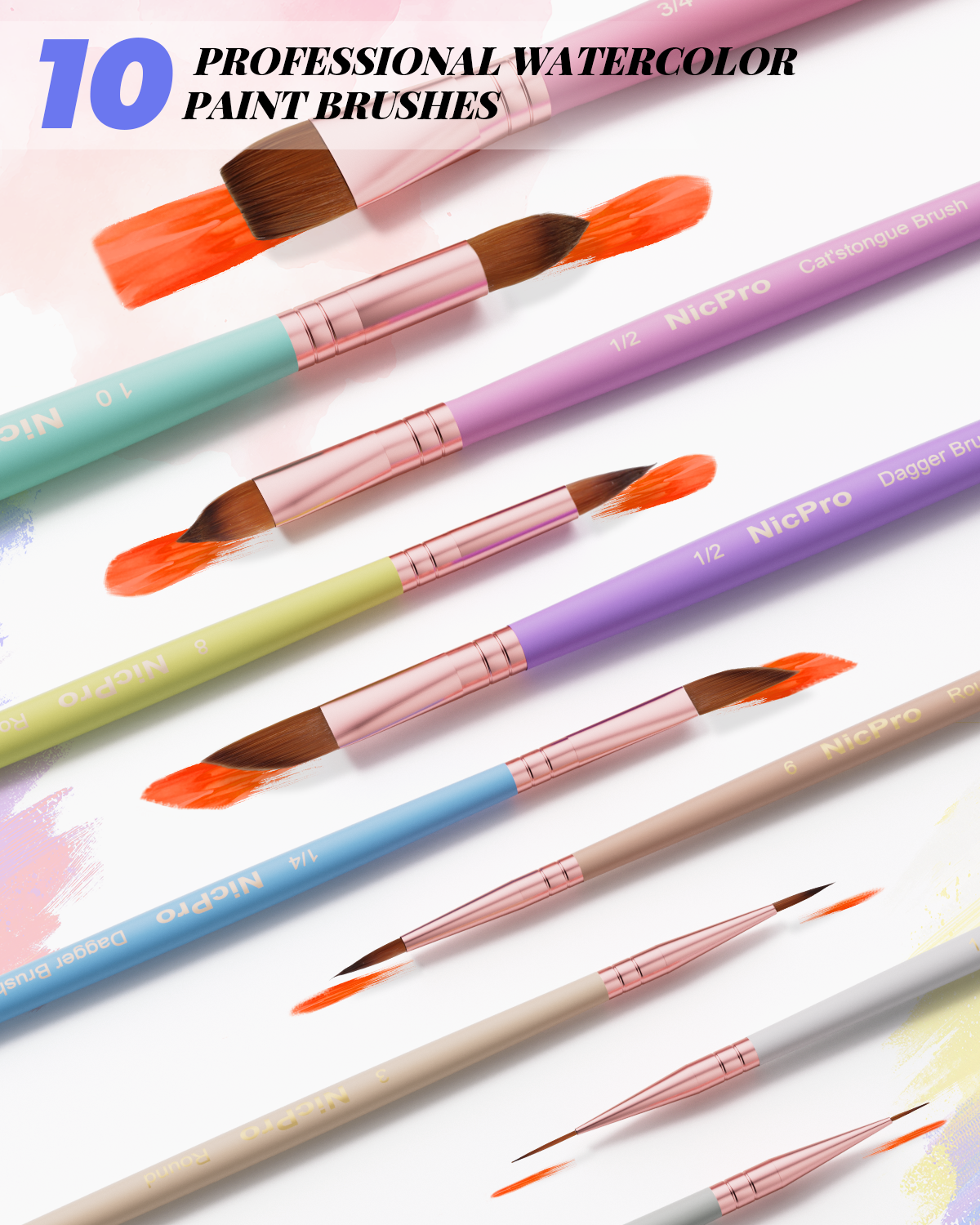 Nicpro 10PCS Pastel Watercolor Brushes Set, Professional Water Color Paint Brush, Pointed Round, Cat Tongue, Liner, Dagger, Wash for Adult, Beginers, Watercolor, Inks, Gouache - with Holder & Bag