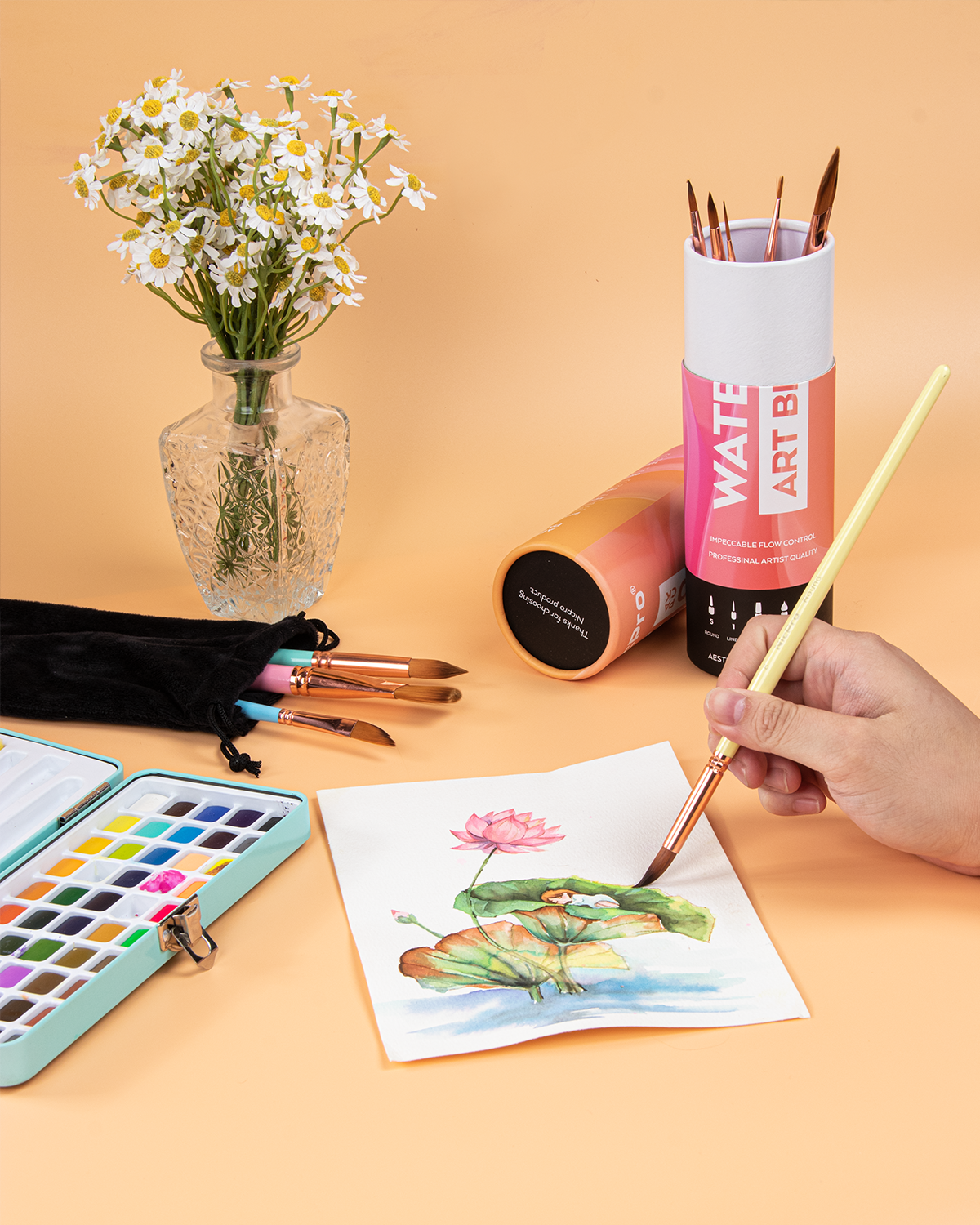 Nicpro 10PCS Pastel Watercolor Brushes Set, Professional Water Color Paint Brush, Pointed Round, Cat Tongue, Liner, Dagger, Wash for Adult, Beginers, Watercolor, Inks, Gouache - with Holder & Bag