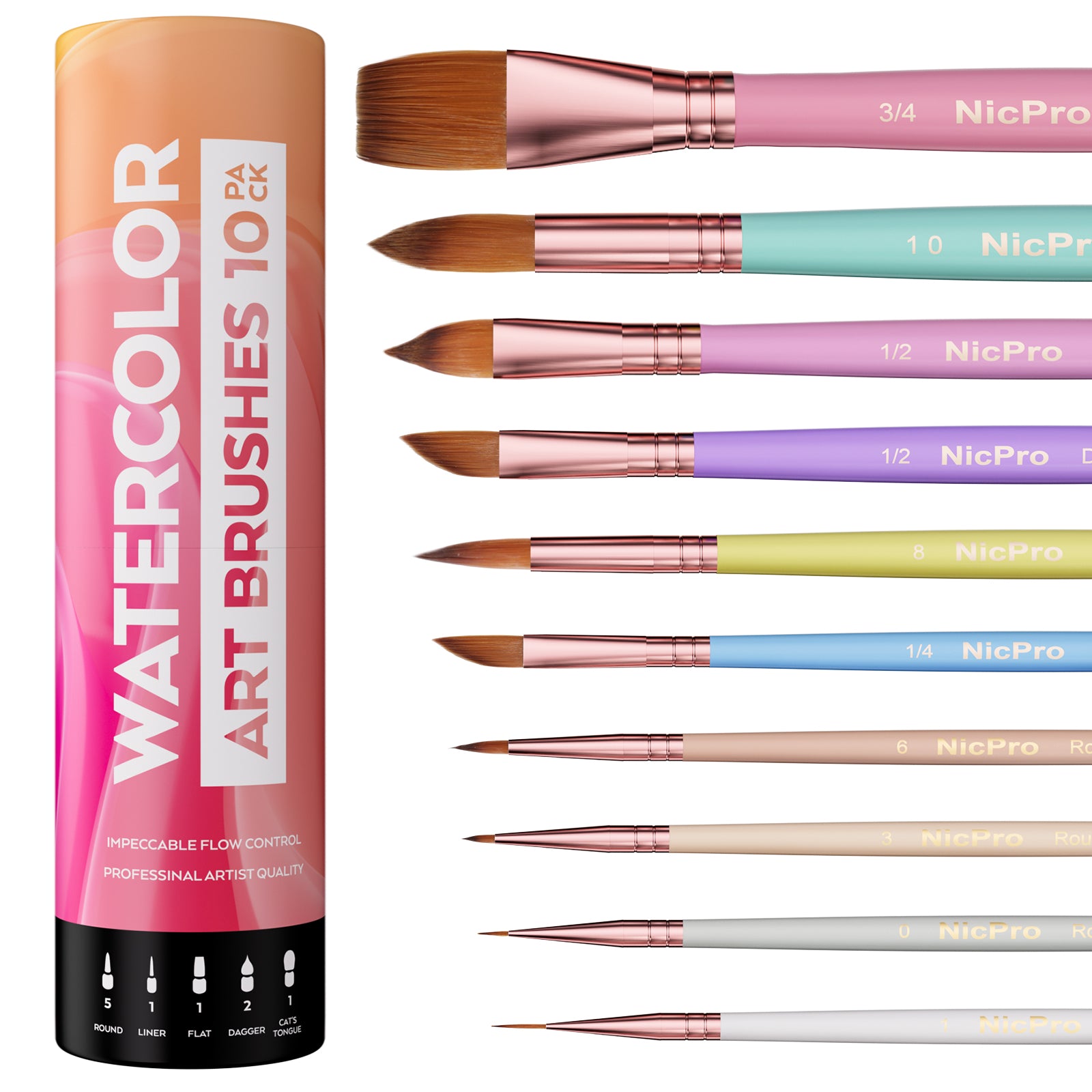 Nicpro 10PCS Pastel Watercolor Brushes Set, Professional Water Color Paint Brush, Pointed Round, Cat Tongue, Liner, Dagger, Wash for Adult, Beginers, Watercolor, Inks, Gouache - with Holder & Bag