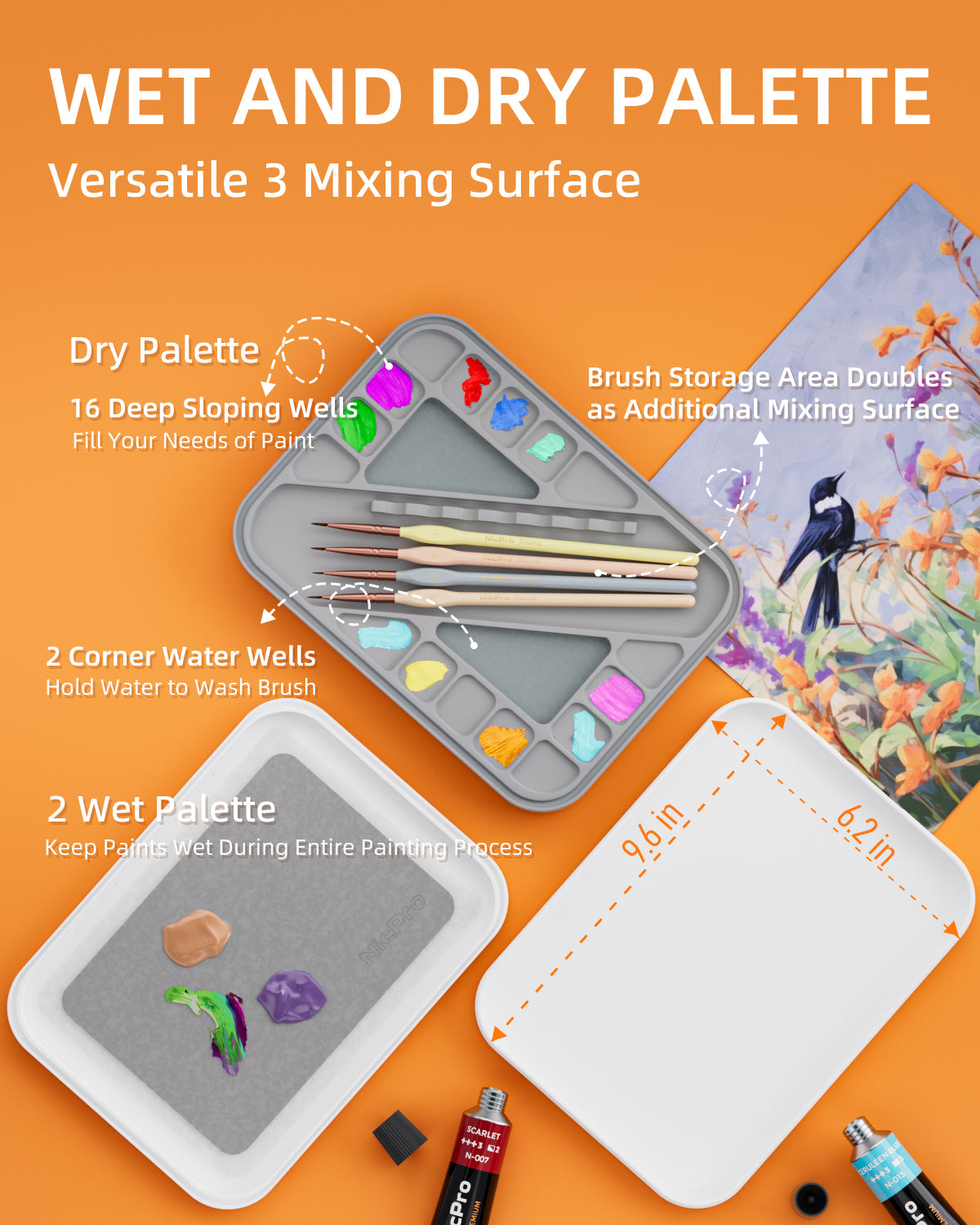 Nicpro Stay Wet Palette for Painting Miniature, Acrylic Paint Palette Tray with Lid, 100PCS Wet Pallet Paper, 4PCS Sponge, Brush Holder Paint Mixing Saver Palette for Miniature Model Paint