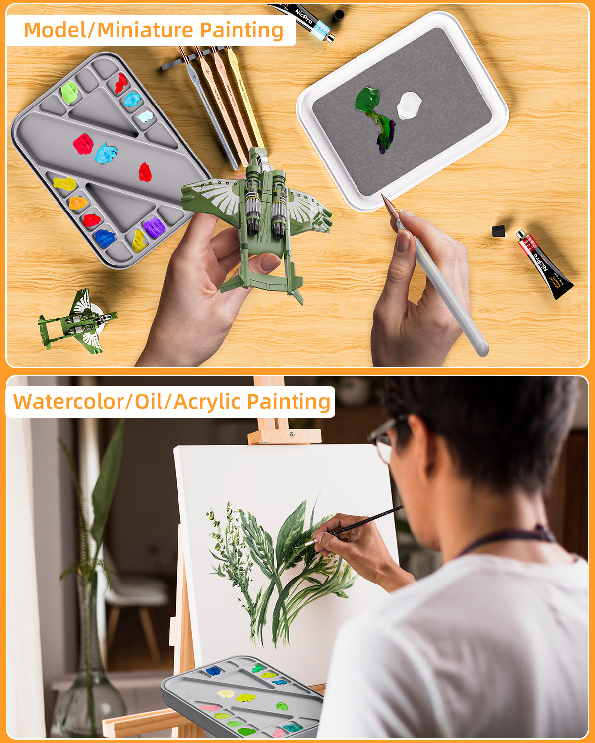 Nicpro Stay Wet Palette for Painting Miniature, Acrylic Paint Palette Tray with Lid, 100PCS Wet Pallet Paper, 4PCS Sponge, Brush Holder Paint Mixing Saver Palette for Miniature Model Paint