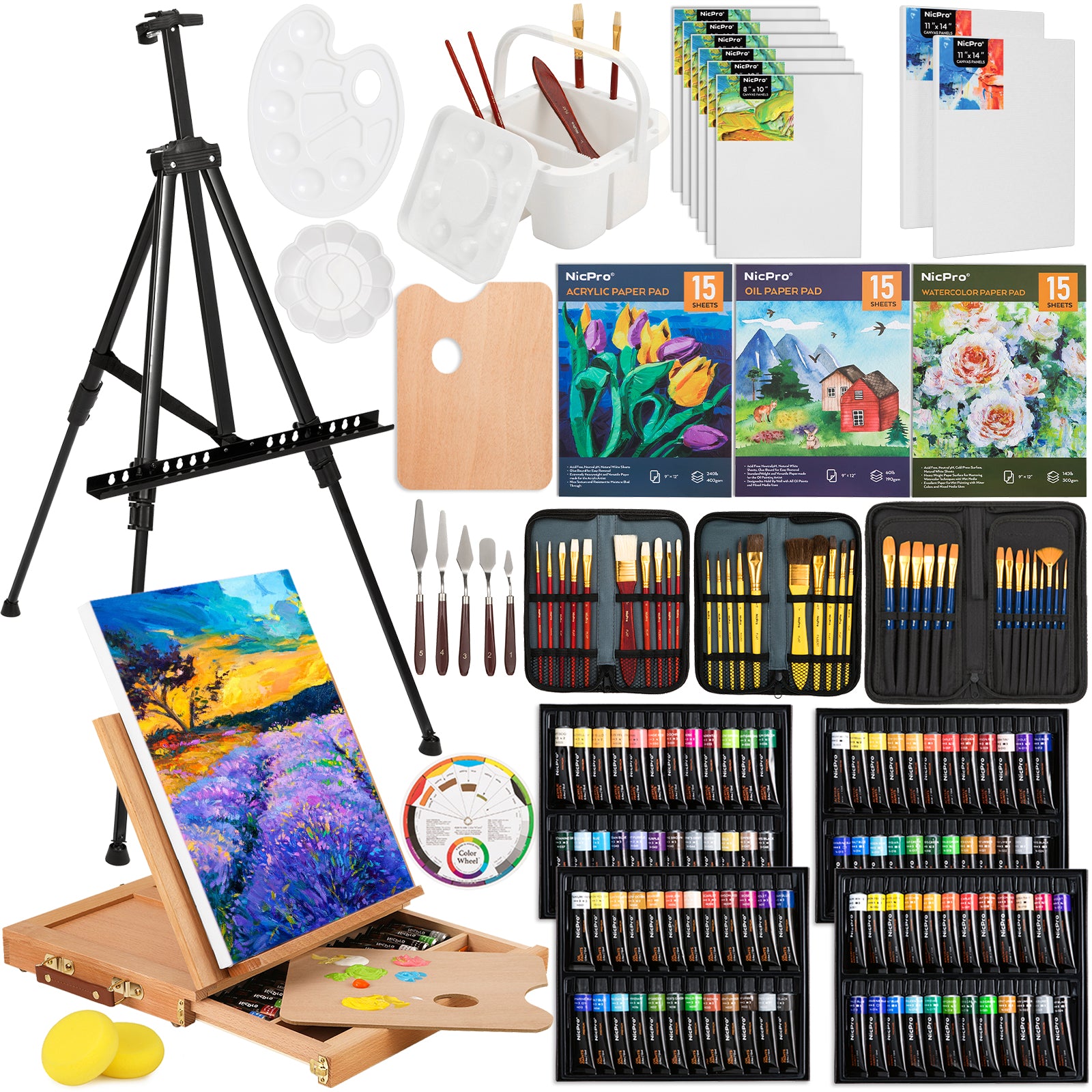Nicpro 158PCS Deluxe Large Painting Kit with Metal and Solid Beech Wood Easel, Acrylic, Oil & Watercolor Paint Set, Paint Brushes, Canvases, Palette, Paper Pad, Professional Art Set for Adults Artist