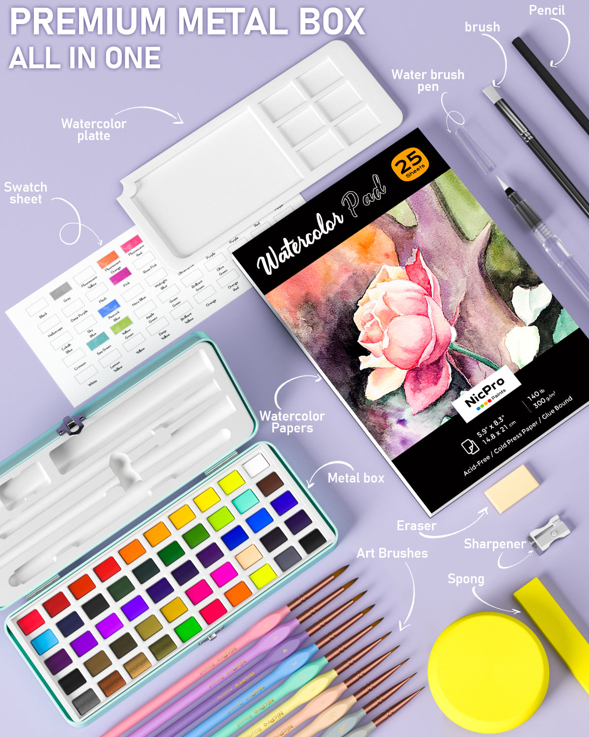 Nicpro 50 Colors Watercolor Paint Set, Including Metallic & Fluorescent Color, 8PCS Pastel Detail Painting Brush, Water Color Paper, Palette, Art Supplies Kit for Artist Adult Beginner with Gift Box