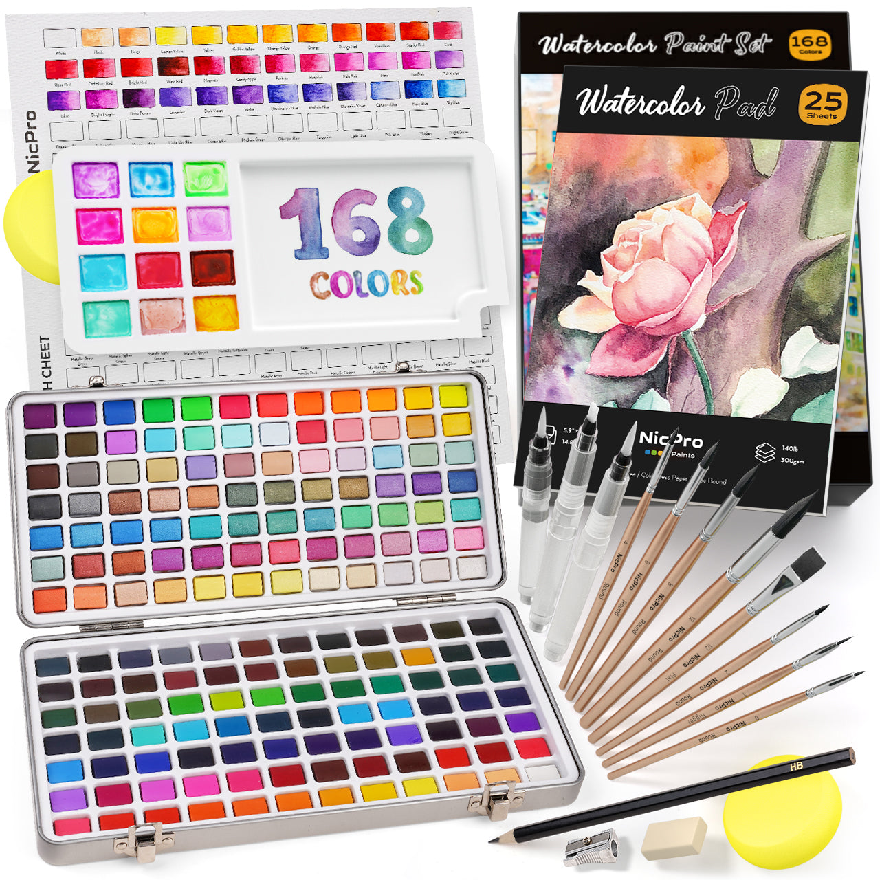 Nicpro 168 Colors Watercolor Paint Set include Metallic Macaron Candy Fluorescent, 8 Squirrel Painting Brushes, 25 Water Color Paper, Palette, Art Supplies Kit for Artist Adult Kid Beginner with Box