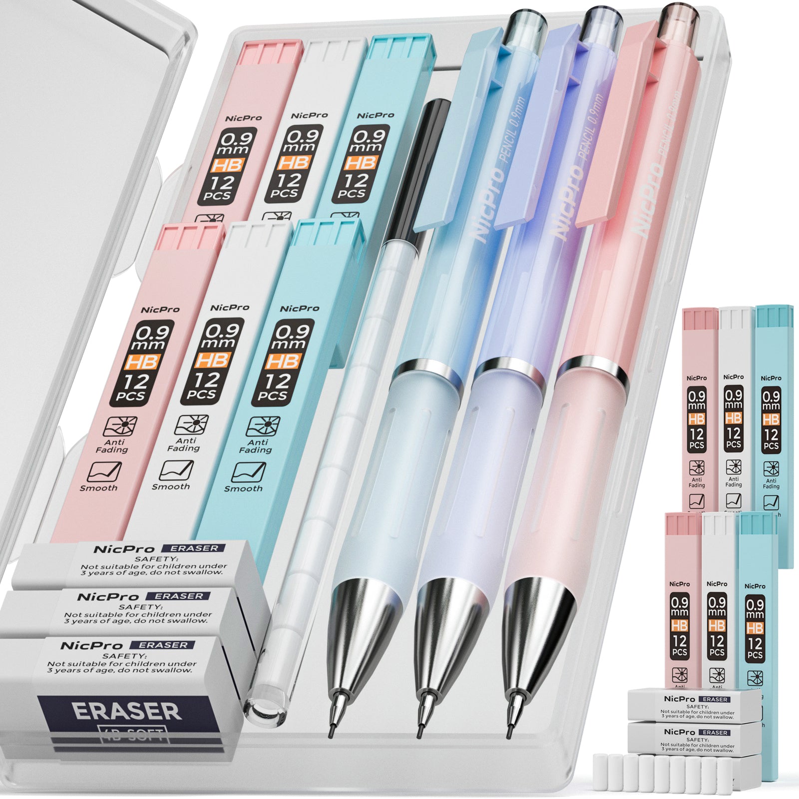 Nicpro 3PCS Pastel Mechanical Pencil Set, Cute Mechanical Pencils 0.9