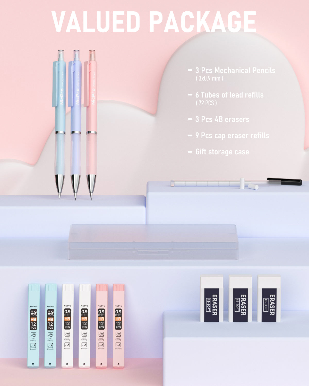 Nicpro 3PCS Pastel Mechanical Pencil Set, Cute Mechanical Pencils 0.9 mm with 6 Tubes HB Lead, 3PCS Eraser & 9PCS Eraser Refill, Aesthetic Mechanical Pencils for Writing, Sketching, Drafting-With Case