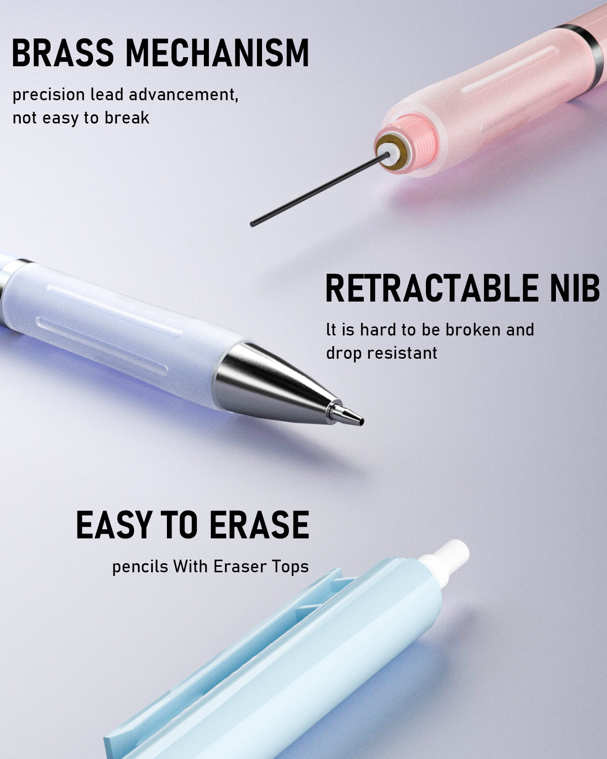 Nicpro 3PCS Pastel Mechanical Pencil Set, Cute Mechanical Pencils 0.9 mm with 6 Tubes HB Lead, 3PCS Eraser & 9PCS Eraser Refill, Aesthetic Mechanical Pencils for Writing, Sketching, Drafting-With Case