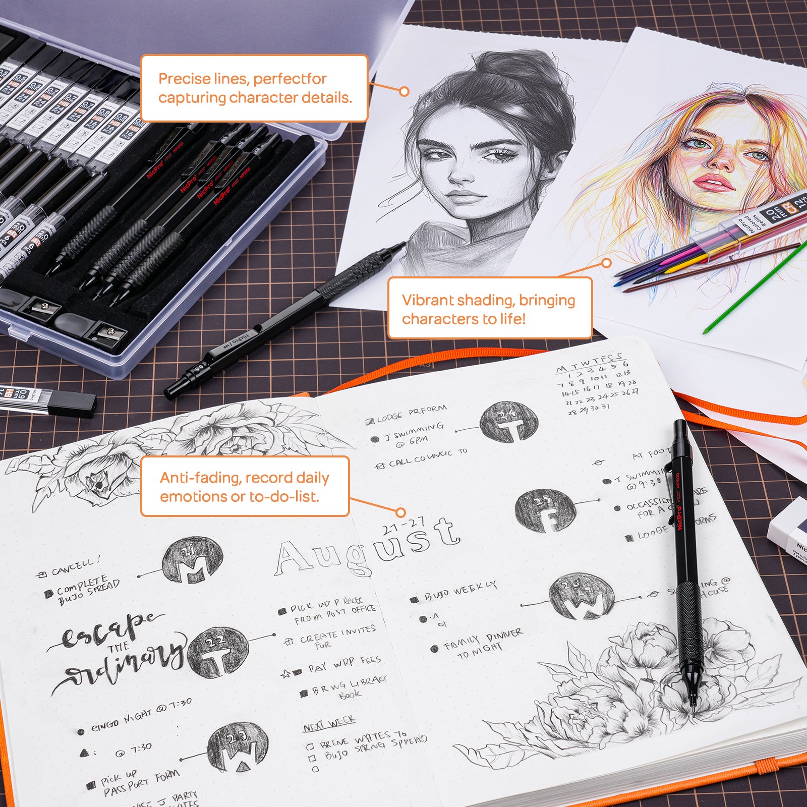 Nicpro 35PCS Black Metal Mechanical Pencils Set in Case, Art Drafting Pencil 0.5, 0.7, 0.9 mm & 3PCS 2mm Graphite Lead Holder for Drawing Sketching With 20 Tube Lead Refills(6B 4B 2B HB 2H 4H Colors)