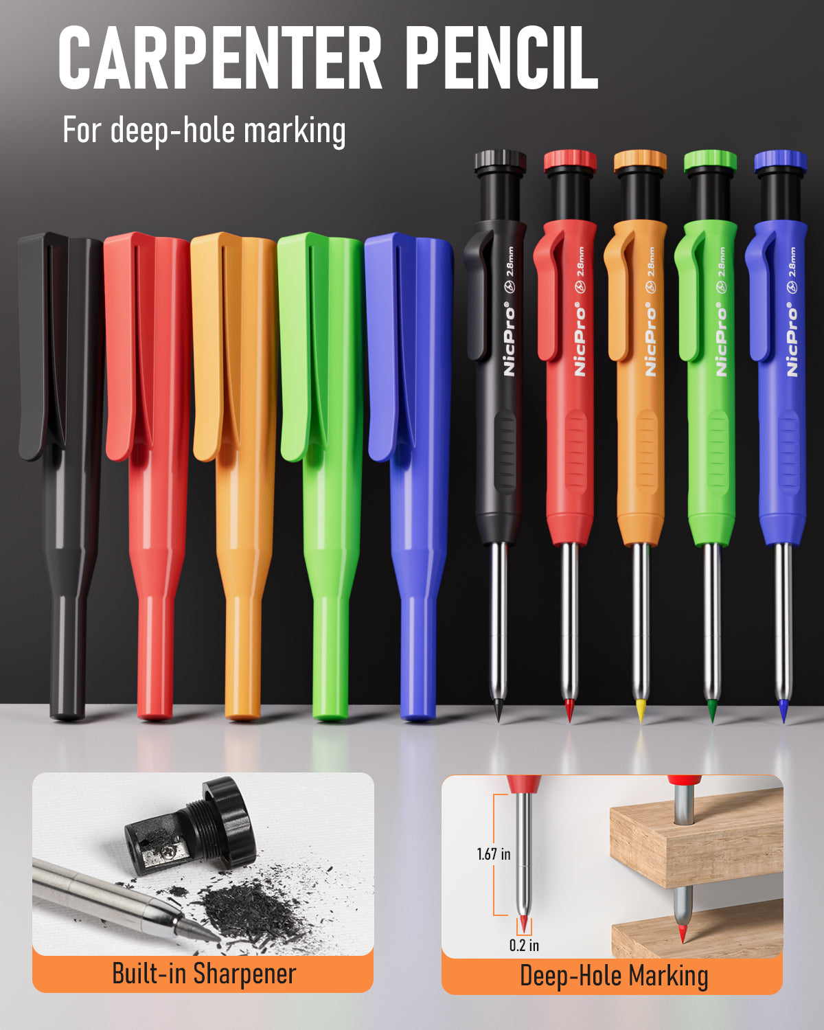 Nicpro 5 Pack Carpenter Pencil with Sharpener & Holders, Mechanical Carpenter Pencils Set with 53 Refills, Deep Hole Marker Woodworking Pencils, Heavy Duty Construction for Architect-With Case