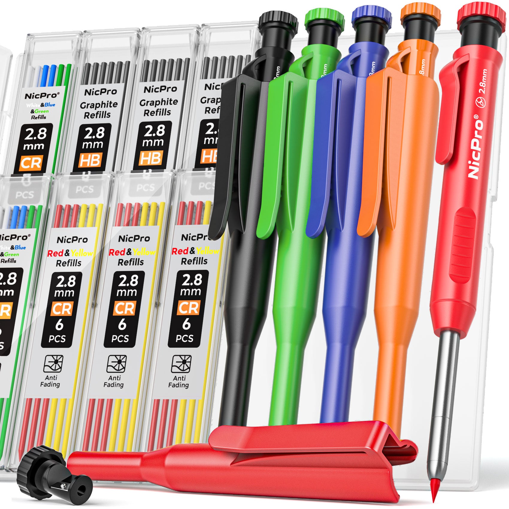 Nicpro 5 Pack Carpenter Pencil with Sharpener & Holders, Mechanical Carpenter Pencils Set with 53 Refills, Deep Hole Marker Woodworking Pencils, Heavy Duty Construction for Architect-With Case