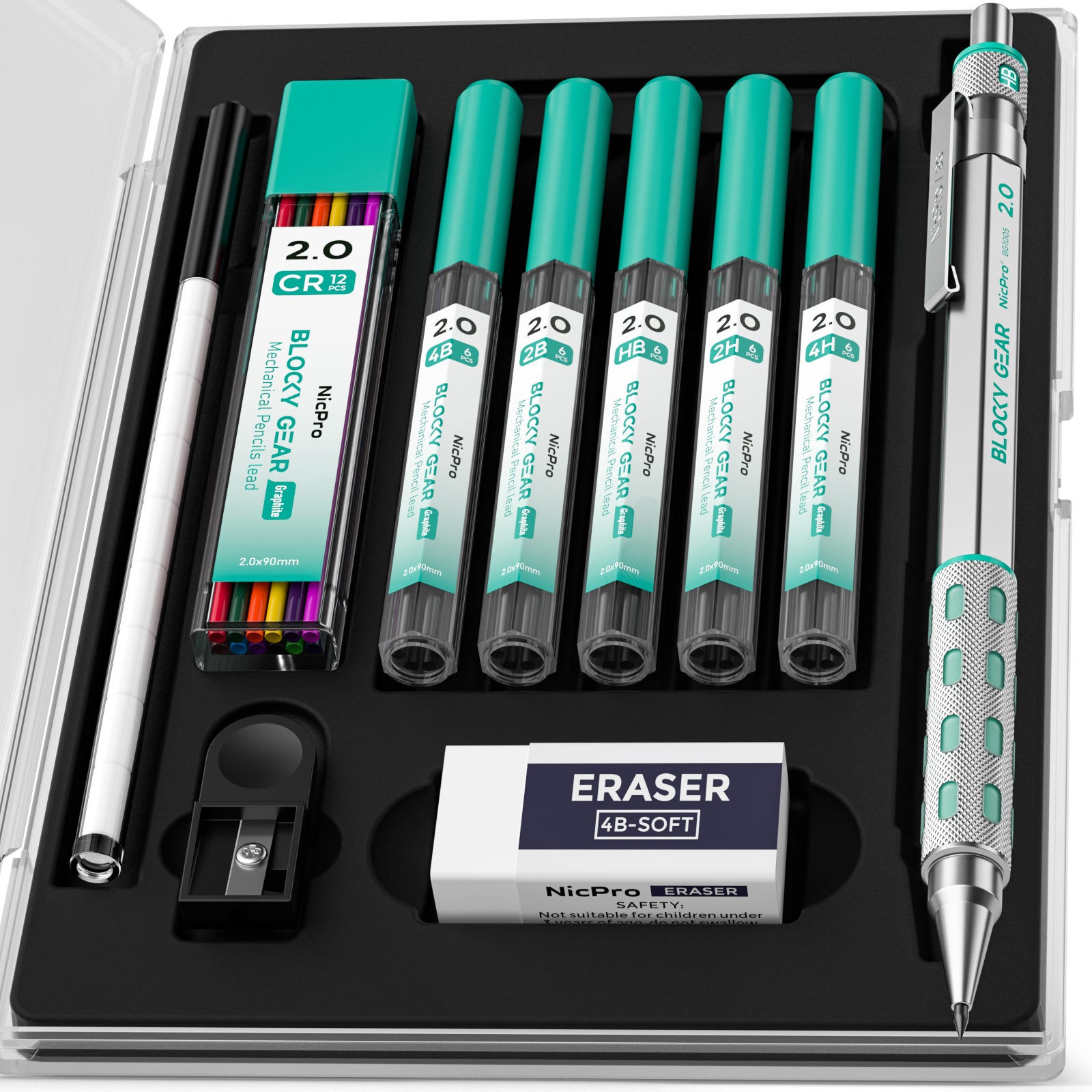 lead gear Nicpro Blocky Gear 2mm Mechanical Pencils in Case, Metal Drafting Lead