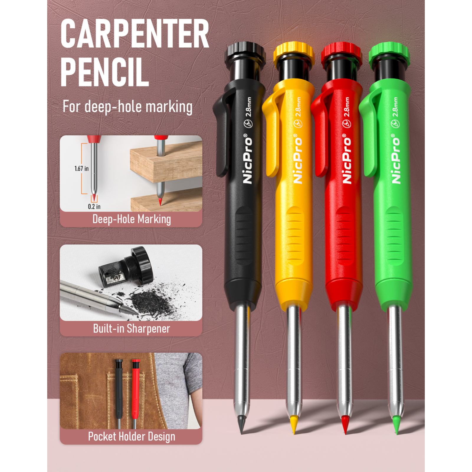 Nicpro 4 Pack Carpenter Pencil with Sharpener, Mechanical Carpenter Pencils with 52 Refills, Construction Pencil Heavy Duty Woodworking Pencils for Architect (Red, Black, Yellow, Blue)