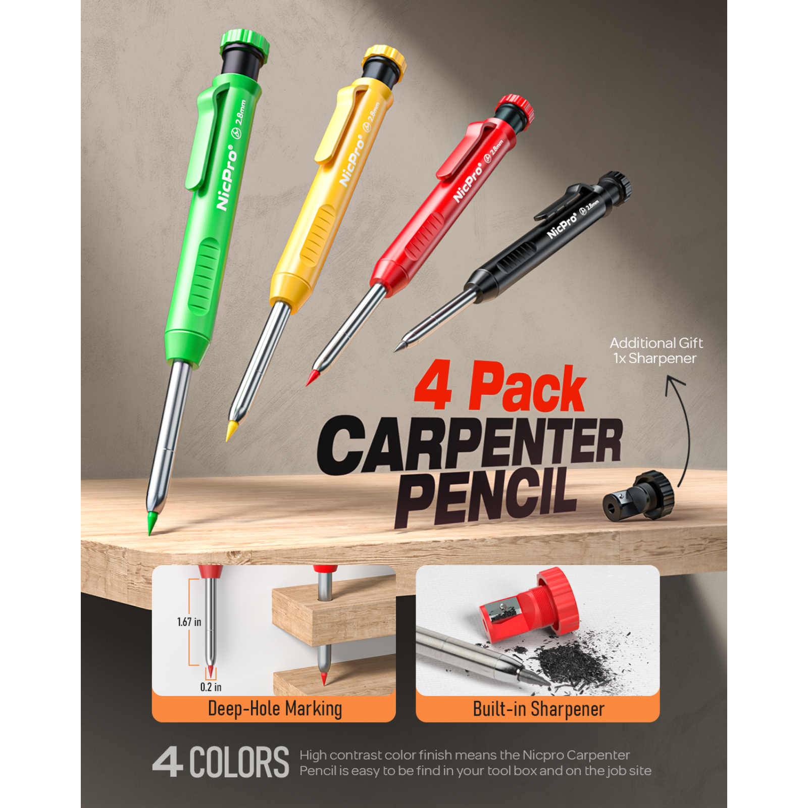Nicpro 4 Pack Carpenter Pencil with Sharpener, Mechanical Carpenter Pencils with 52 Refills, Construction Pencil Heavy Duty Woodworking Pencils for Architect (Red, Black, Yellow, Blue)