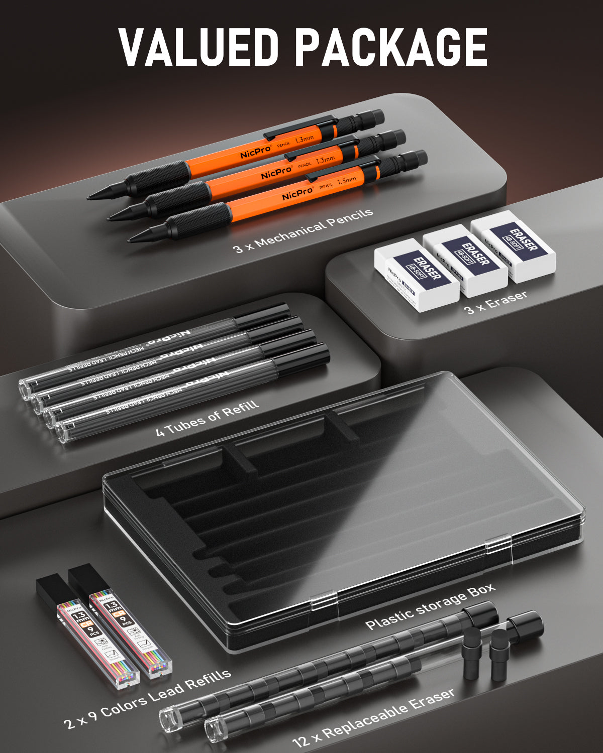 Nicpro 3 PCS 1.3 mm Orange Mechanical Pencils Set with 66 Lead Refill, 3 Eraser - Weatherproof Metal Barrel, Heavy Duty Carpenter Pencil MP2000 for Outdoor Marking Drafting Drawing Woodworking