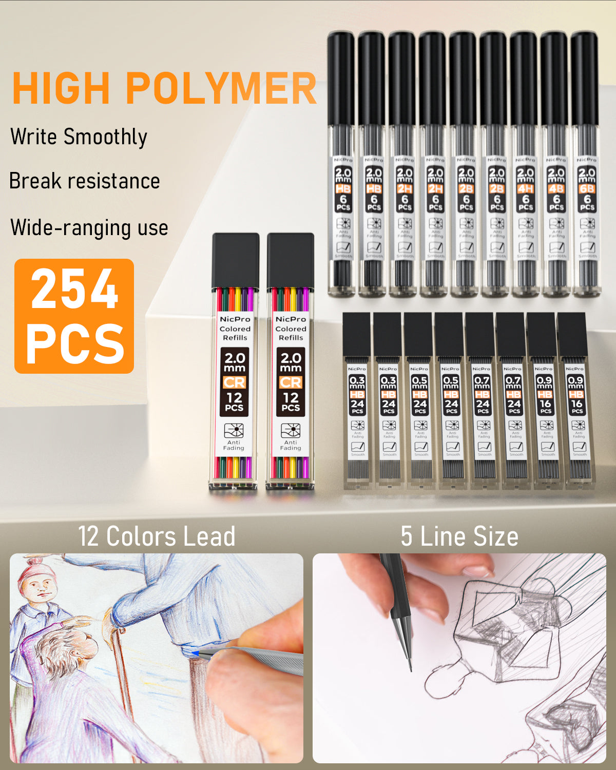 Nicpro 34PCS Black Art Mechanical Pencils Set, Metal Drafting Pencil 0.3, 0.5, 0.7, 0.9 mm & 2PCS 2mm Lead Holder (6B 4B 2B HB 2H 4H Colors) For Sketching Drawing With 19 Tube Lead Refills Case