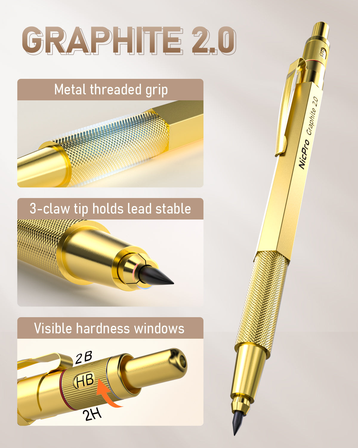Nicpro 35PCS Gold Art Mechanical Pencils Set, 3 PCS Metal Drafting Pencil 0.5 mm & 0.7 mm & 0.9 mm & 3 PCS 2mm Lead Holder (6B 4B 2B HB 2H 4H Colors) For Sketching Drawing