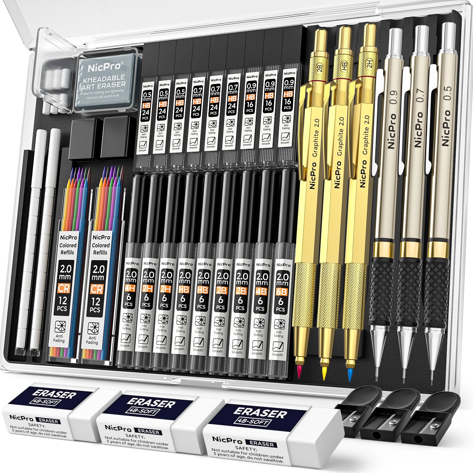 Nicpro 35PCS Gold Art Mechanical Pencils Set, 3 PCS Metal Drafting Pencil 0.5 mm & 0.7 mm & 0.9 mm & 3 PCS 2mm Lead Holder (6B 4B 2B HB 2H 4H Colors) For Sketching Drawing