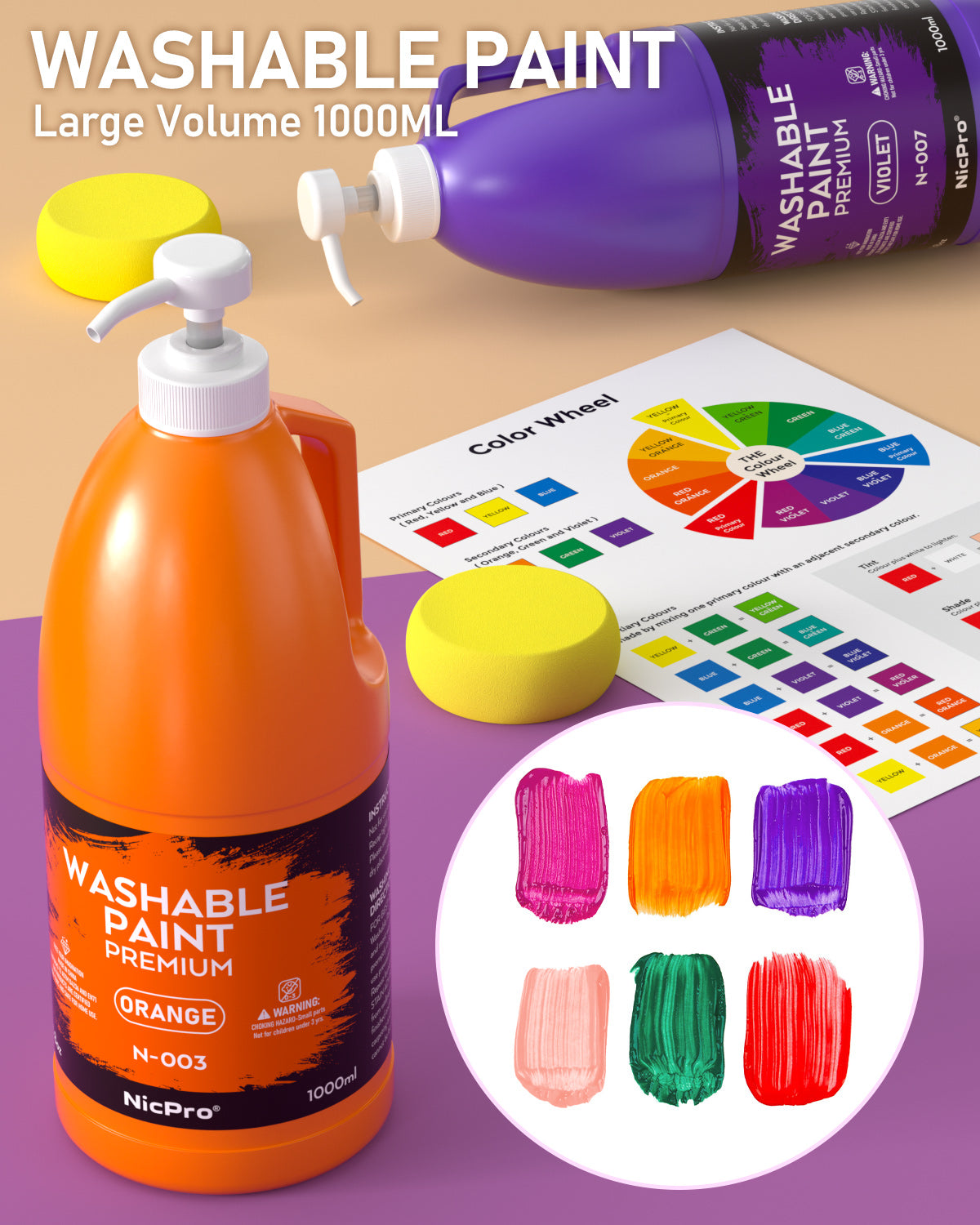 Nicpro 14 Colors Large Washable Paint Set (33.8 oz, 1000ml), Acrylic Bulk Paint Supplies Non Toxic Children Tempera Paint for Art, Craft DIY, Poster & Finger Paint, School, Home,Classroom