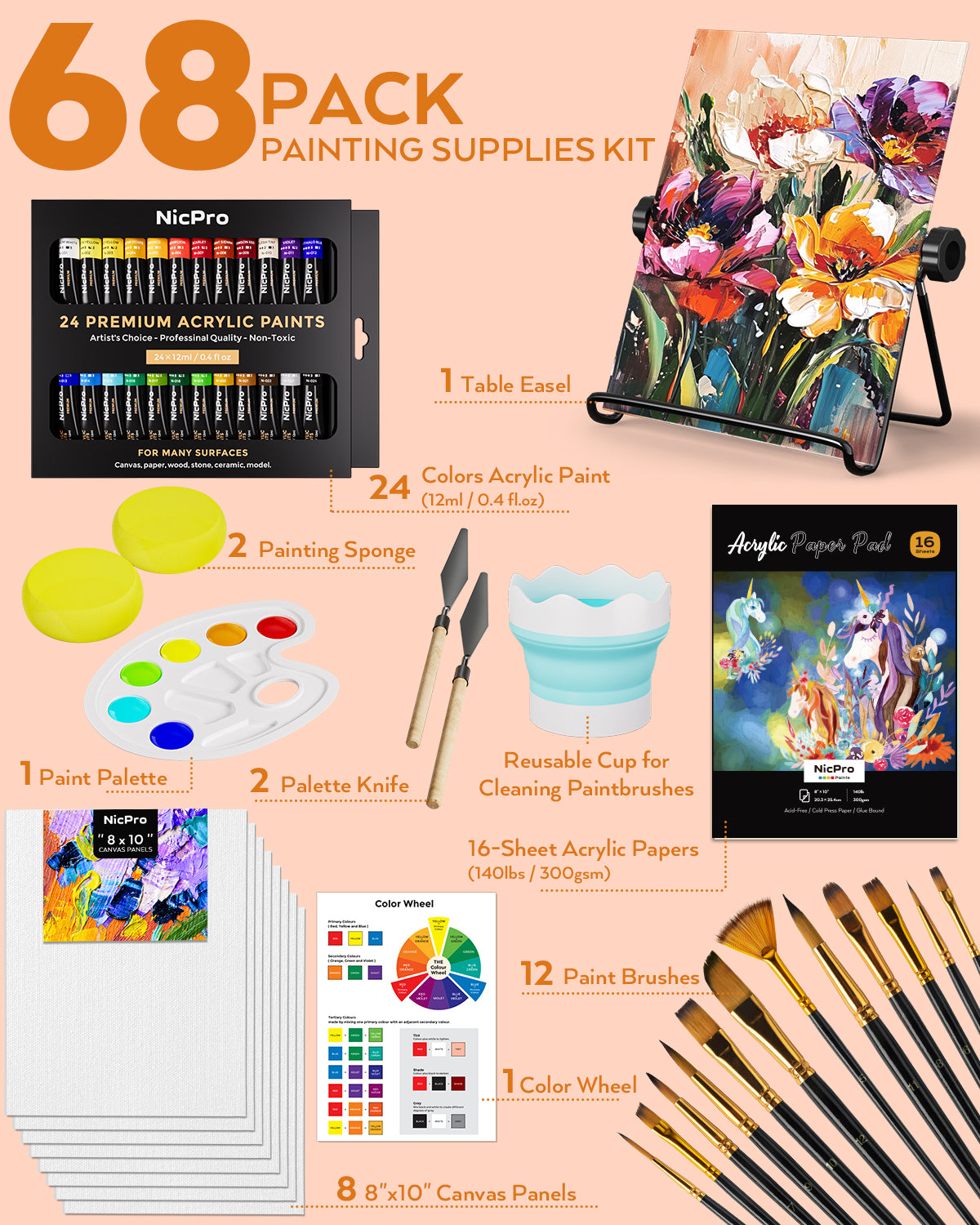 Nicpro 68PCS Acrylic Paint Canvas Set for Adults & Kids, Art Painting Supplies Kit with 24 Paints,Table Easel, 8 Canvas Panels, 12 Brushes, Paper Pad, Cleaning Cup, Sponge, Palette for Artist Beginner