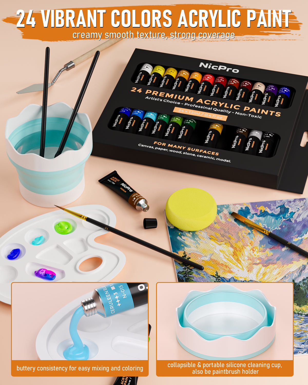 Nicpro 68PCS Acrylic Paint Canvas Set for Adults & Kids, Art Painting Supplies Kit with 24 Paints,Table Easel, 8 Canvas Panels, 12 Brushes, Paper Pad, Cleaning Cup, Sponge, Palette for Artist Beginner