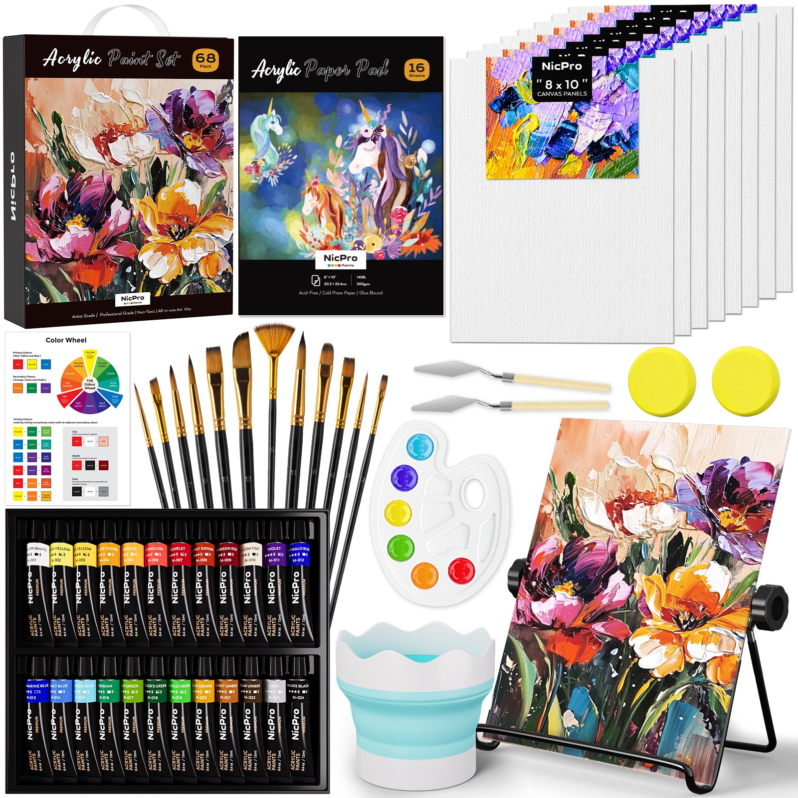 Nicpro 68PCS Acrylic Paint Canvas Set for Adults & Kids, Art Painting Supplies Kit with 24 Paints,Table Easel, 8 Canvas Panels, 12 Brushes, Paper Pad, Cleaning Cup, Sponge, Palette for Artist Beginner